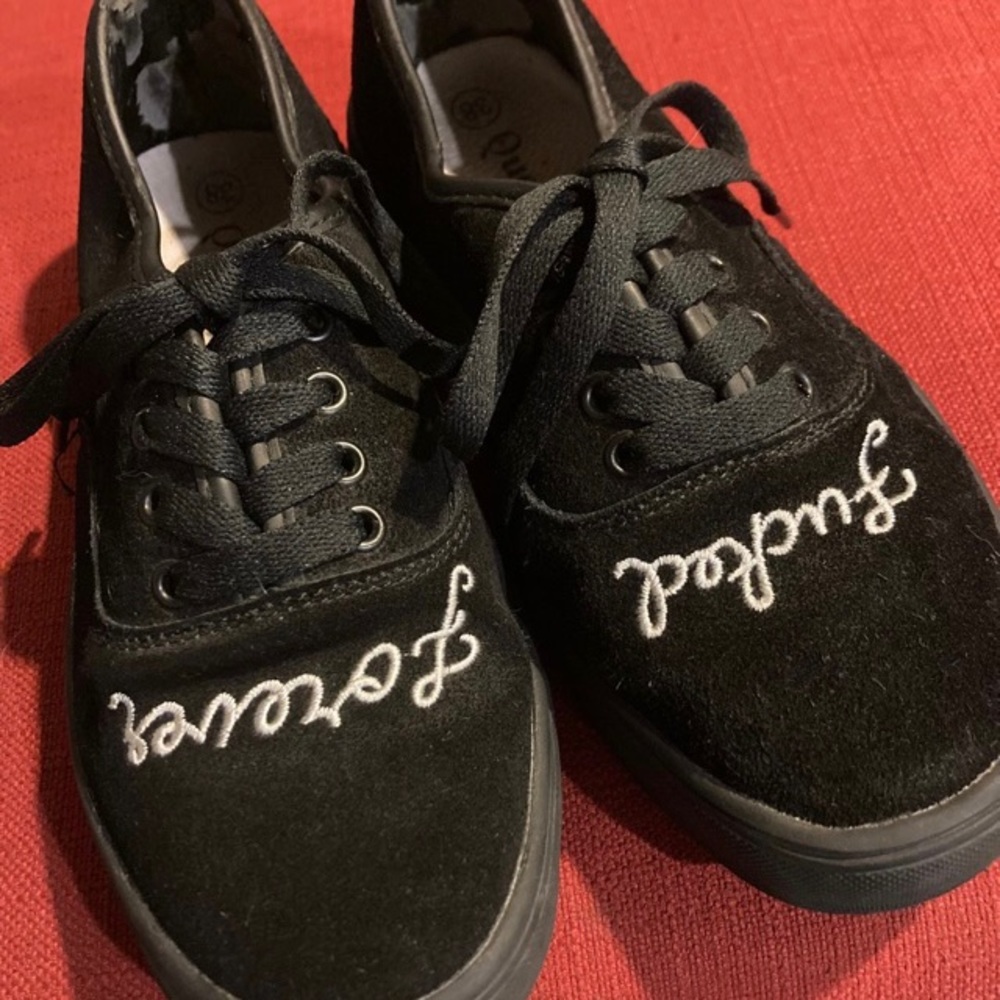 “F’d Forever” Custom Cursive Embroidered, Black Suede Tennis Sneaker, W7/7.5US